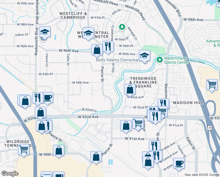 map of restaurants, bars, coffee shops, grocery stores, and more near 9338 Pierce Street in Westminster