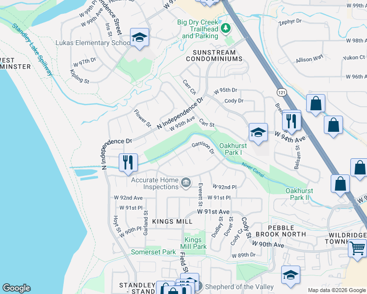 map of restaurants, bars, coffee shops, grocery stores, and more near 9356 Garrison Drive in Westminster