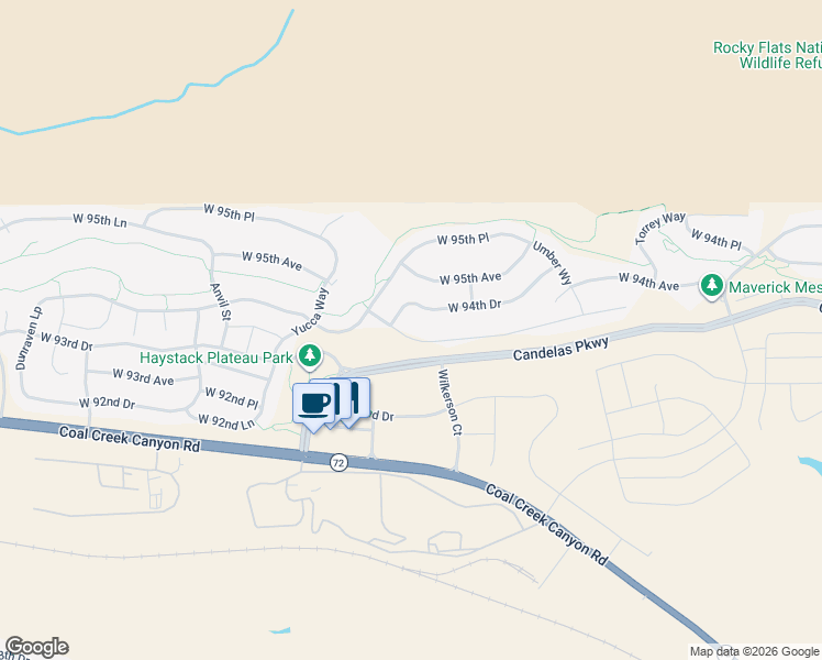 map of restaurants, bars, coffee shops, grocery stores, and more near 18000 West 94th Drive in Arvada