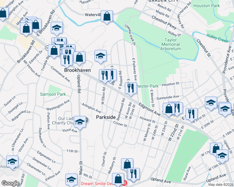 map of restaurants, bars, coffee shops, grocery stores, and more near 2711 Edgmont Avenue in Brookhaven