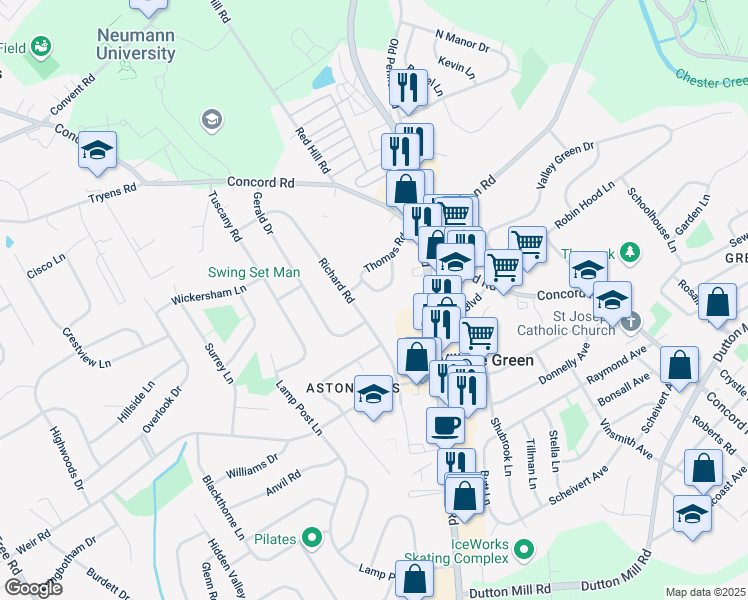 map of restaurants, bars, coffee shops, grocery stores, and more near 3 Aston Court in Aston