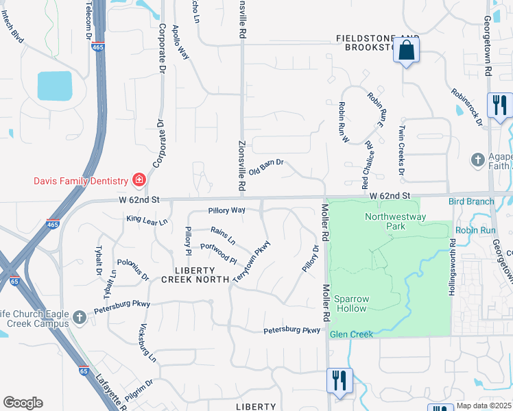map of restaurants, bars, coffee shops, grocery stores, and more near 5564 Pillory Way in Indianapolis