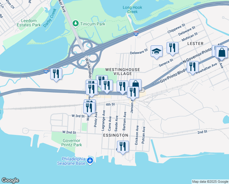 map of restaurants, bars, coffee shops, grocery stores, and more near 311 Industrial Highway in Tinicum Township