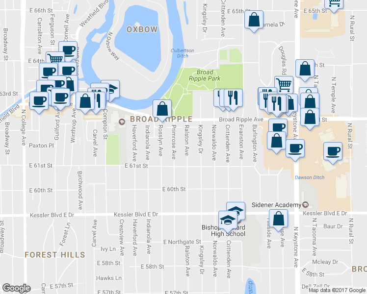 map of restaurants, bars, coffee shops, grocery stores, and more near 6146 Ralston Avenue in Indianapolis