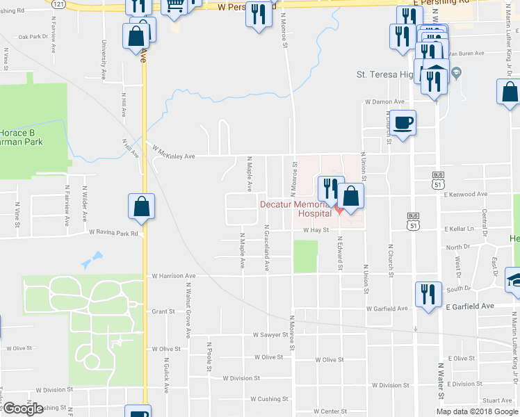 map of restaurants, bars, coffee shops, grocery stores, and more near 62 Maple Court in Decatur