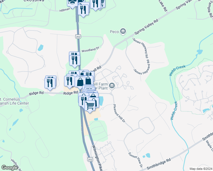 map of restaurants, bars, coffee shops, grocery stores, and more near 201 Meadow Court in Glen Mills