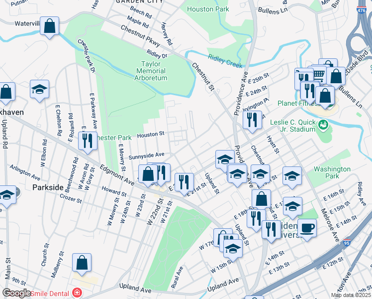 map of restaurants, bars, coffee shops, grocery stores, and more near 223 East 24th Street in Chester