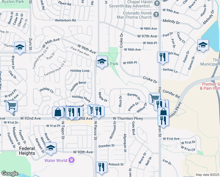 map of restaurants, bars, coffee shops, grocery stores, and more near Kola Drive in Thornton