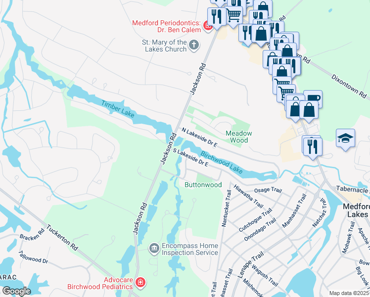 map of restaurants, bars, coffee shops, grocery stores, and more near 206 South Lakeside Drive West in Medford