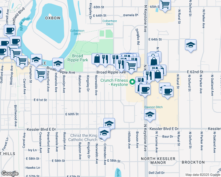 map of restaurants, bars, coffee shops, grocery stores, and more near 6148 Evanston Avenue in Indianapolis