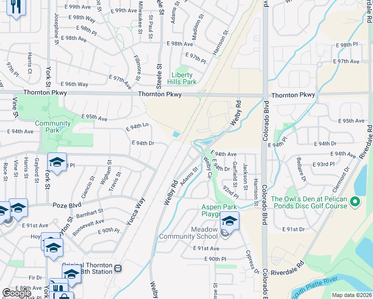 map of restaurants, bars, coffee shops, grocery stores, and more near 9321 Welby Road Terrace in Thornton