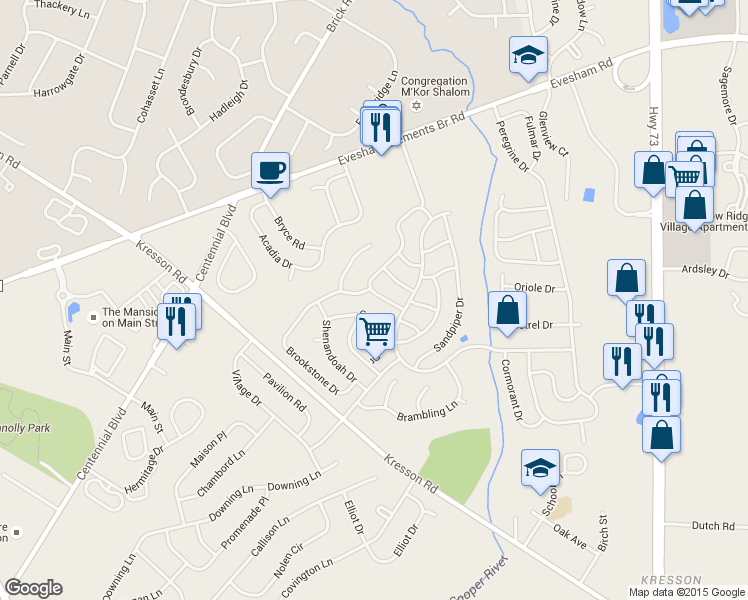 map of restaurants, bars, coffee shops, grocery stores, and more near 69 Wynnewood Drive in Voorhees Township