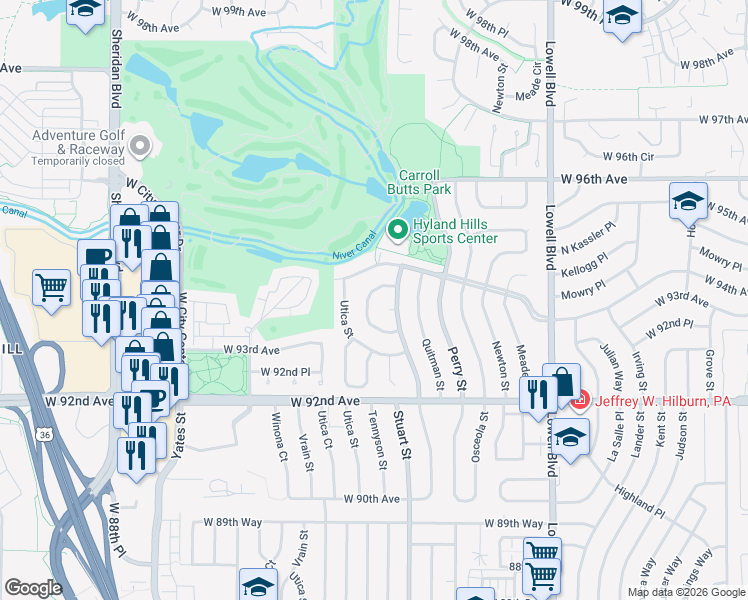 map of restaurants, bars, coffee shops, grocery stores, and more near 9370 Raleigh Court in Westminster