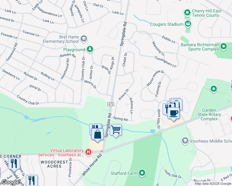 map of restaurants, bars, coffee shops, grocery stores, and more near 6 Winter Place in Cherry Hill