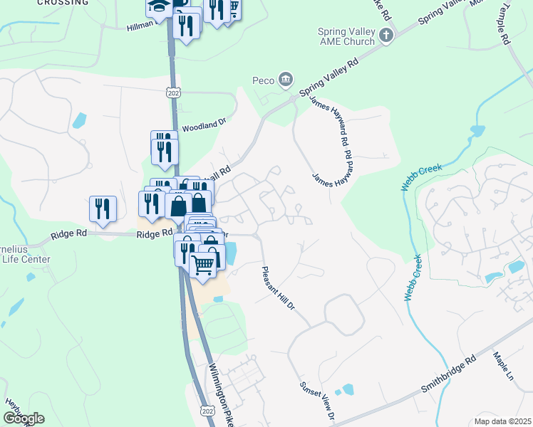 map of restaurants, bars, coffee shops, grocery stores, and more near 3501 Bridlewood Drive in Glen Mills