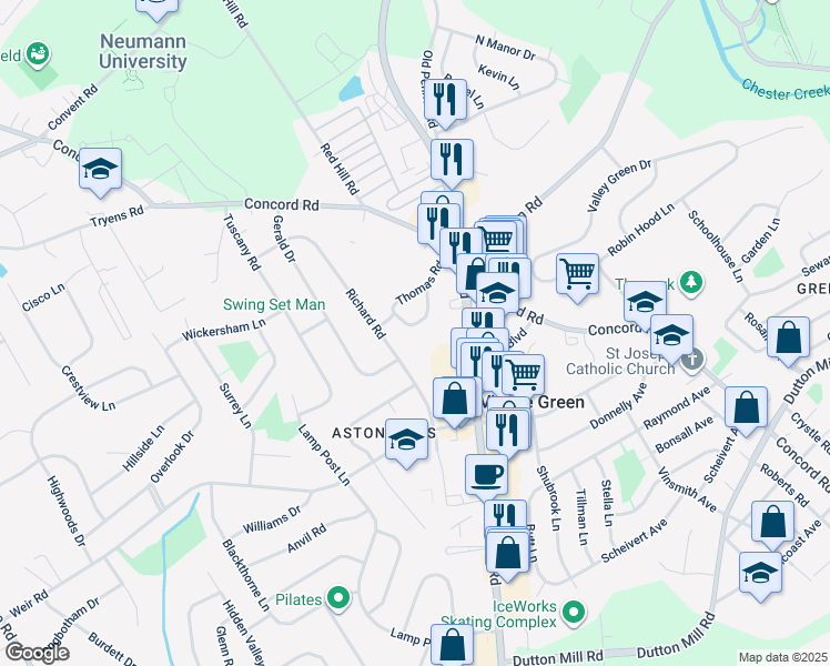 map of restaurants, bars, coffee shops, grocery stores, and more near 9-11 Aston Court in Village Green