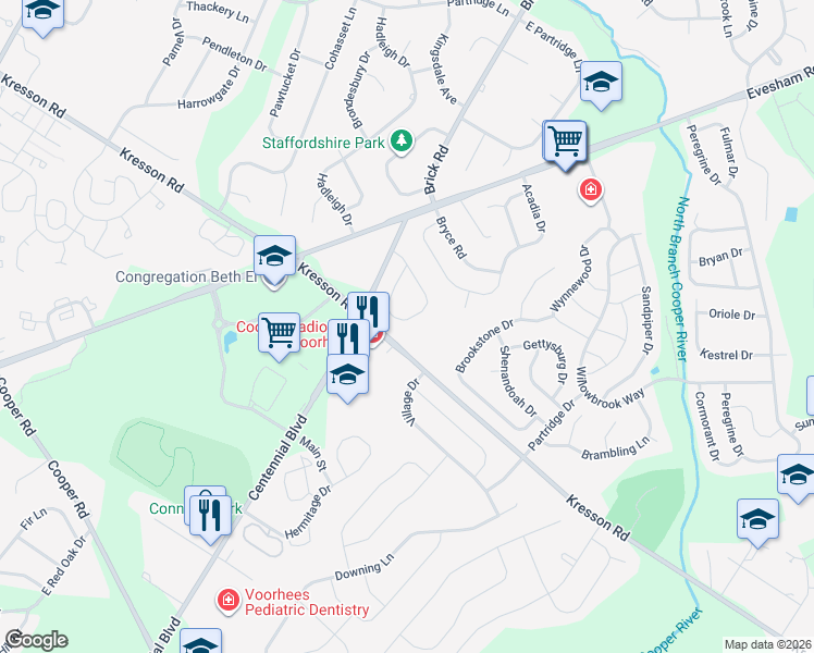 map of restaurants, bars, coffee shops, grocery stores, and more near 29 Progress Place in Voorhees Township
