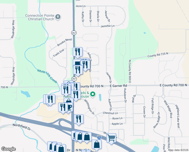 map of restaurants, bars, coffee shops, grocery stores, and more near 6 Springview Court in Brownsburg