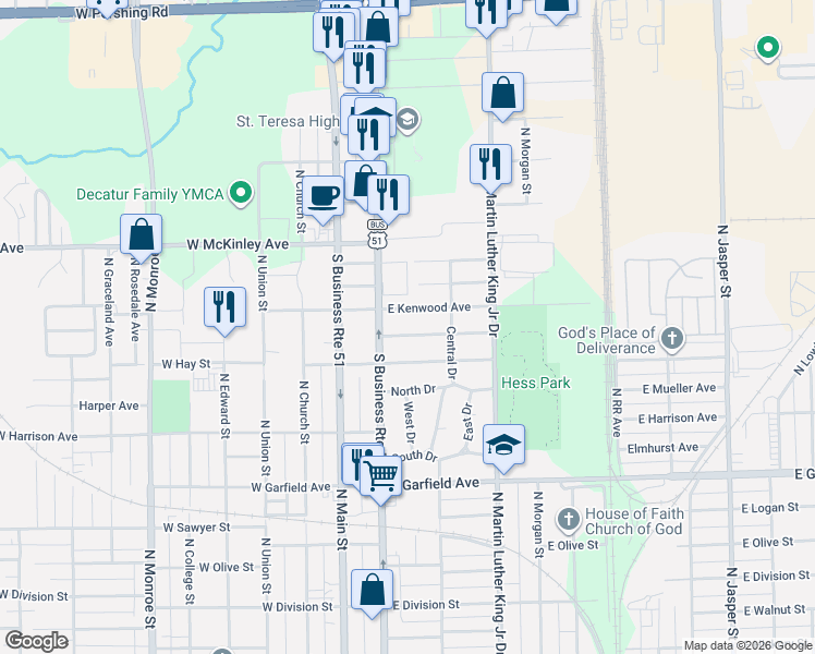 map of restaurants, bars, coffee shops, grocery stores, and more near 200-398 East Pierson Avenue in Decatur