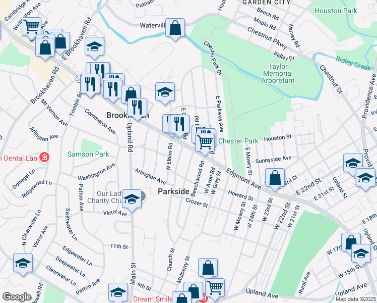 map of restaurants, bars, coffee shops, grocery stores, and more near 6 West Chelton Road in Brookhaven