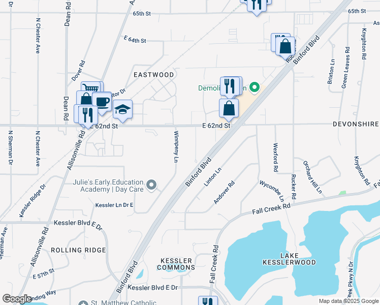 map of restaurants, bars, coffee shops, grocery stores, and more near 6046 Dorsett Place in Indianapolis