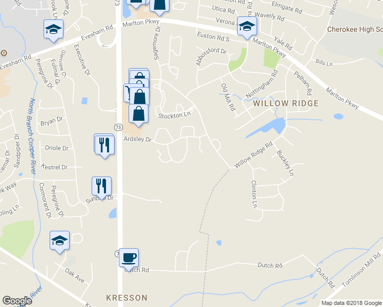 map of restaurants, bars, coffee shops, grocery stores, and more near 303 Hazelwood Lane in Evesham Township