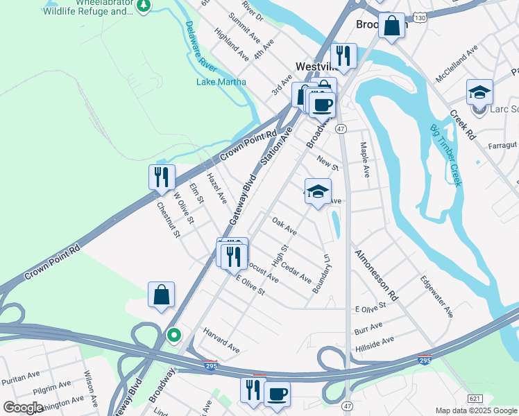 map of restaurants, bars, coffee shops, grocery stores, and more near 516 Broadway in Westville