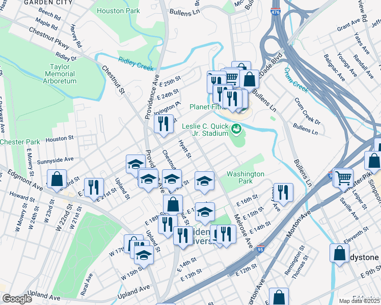 map of restaurants, bars, coffee shops, grocery stores, and more near 2015 Hyatt Street in Chester