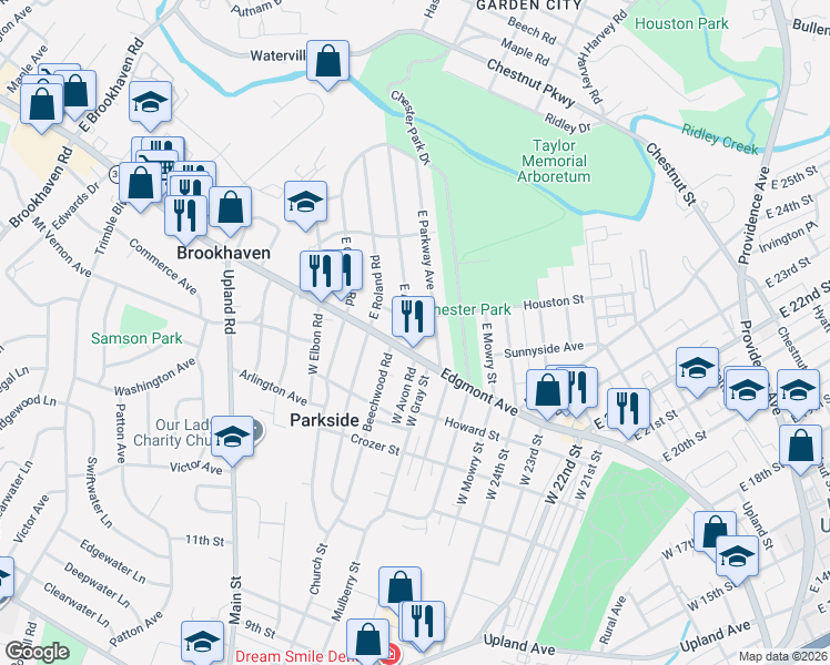 map of restaurants, bars, coffee shops, grocery stores, and more near 15 East Avon Road in Brookhaven
