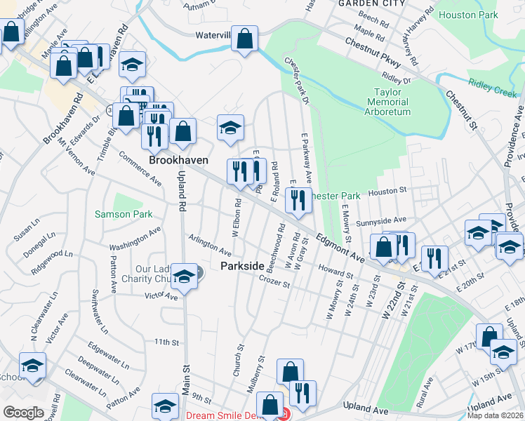 map of restaurants, bars, coffee shops, grocery stores, and more near 6 West Chelton Road in Brookhaven