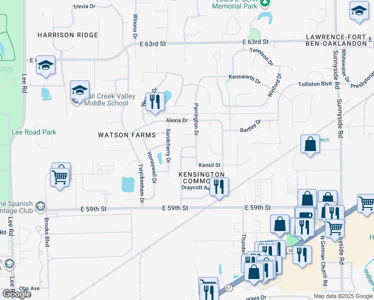 map of restaurants, bars, coffee shops, grocery stores, and more near 10303 Draycott Way in Indianapolis