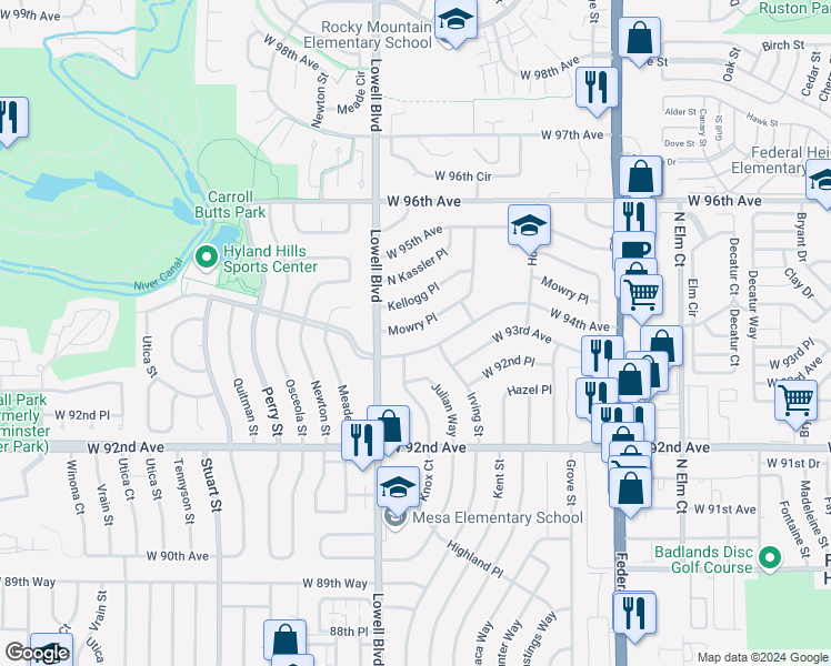 map of restaurants, bars, coffee shops, grocery stores, and more near 3480 Mowry Place in Westminster