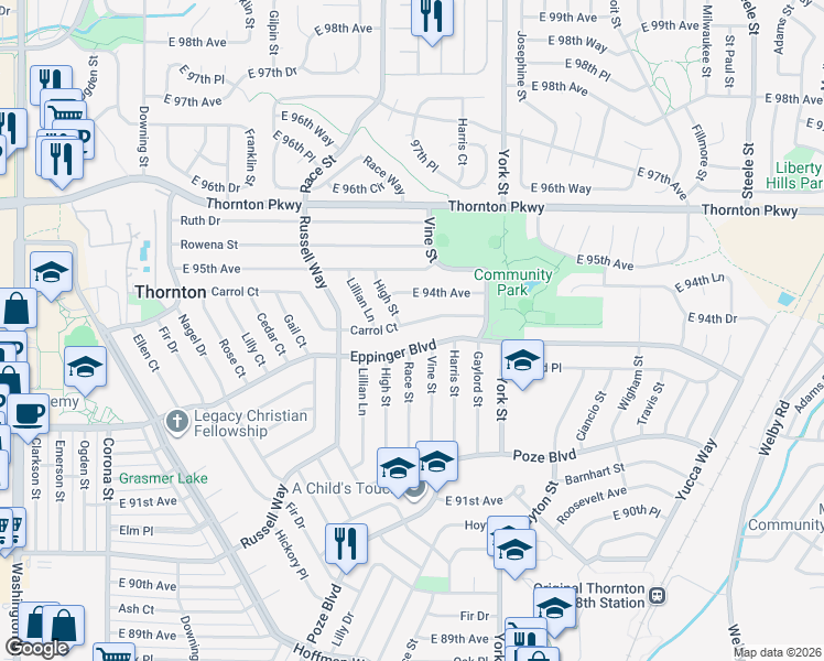 map of restaurants, bars, coffee shops, grocery stores, and more near 1980 Carrol Court in Thornton