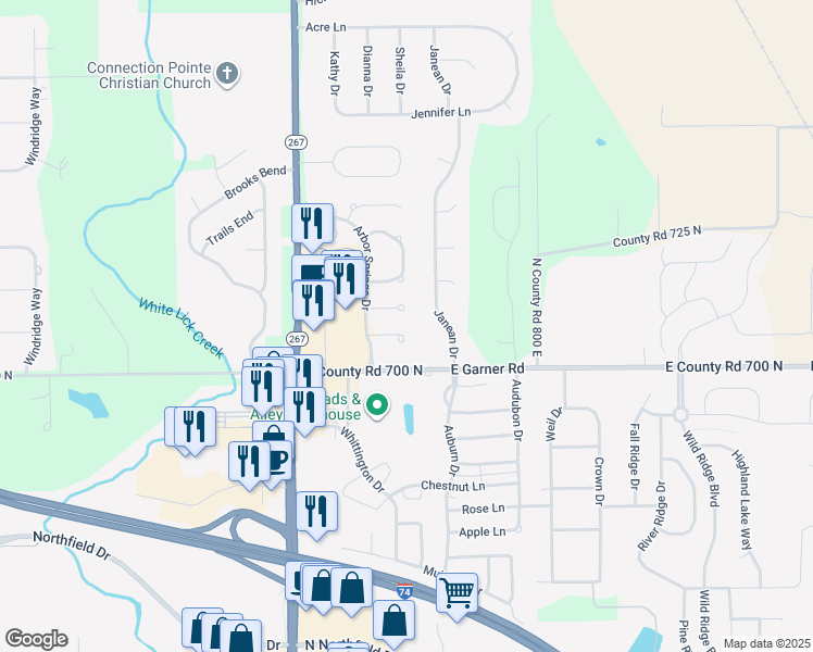 map of restaurants, bars, coffee shops, grocery stores, and more near 12 Springview Court in Brownsburg
