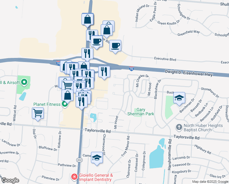 map of restaurants, bars, coffee shops, grocery stores, and more near 7999 Mount Hood in Dayton