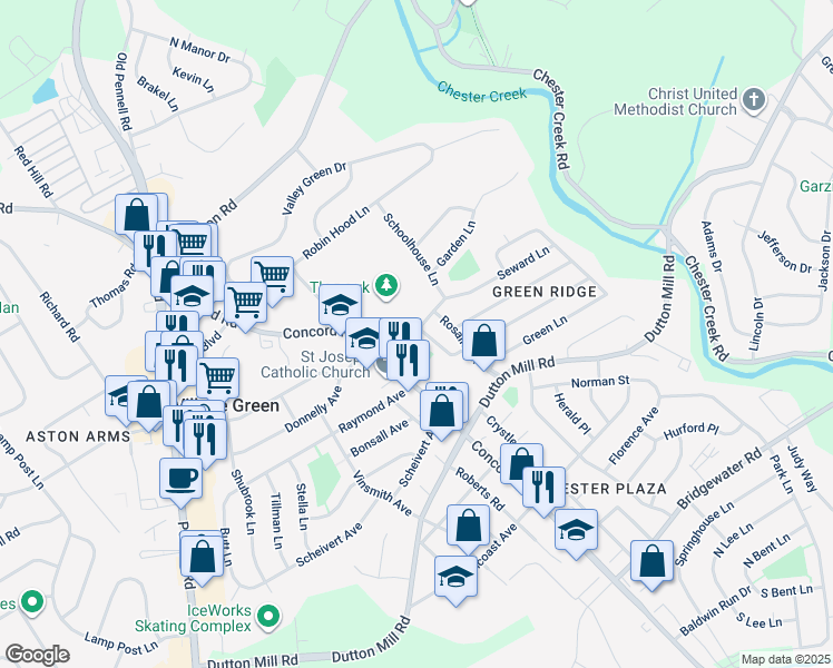 map of restaurants, bars, coffee shops, grocery stores, and more near 25 Sheridan Lane in Aston