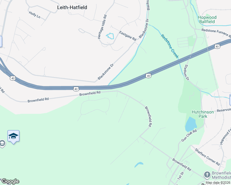 map of restaurants, bars, coffee shops, grocery stores, and more near 1182 Brownfield Road in Uniontown