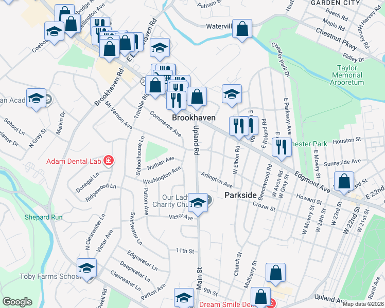 map of restaurants, bars, coffee shops, grocery stores, and more near 100 Upland Road in Brookhaven