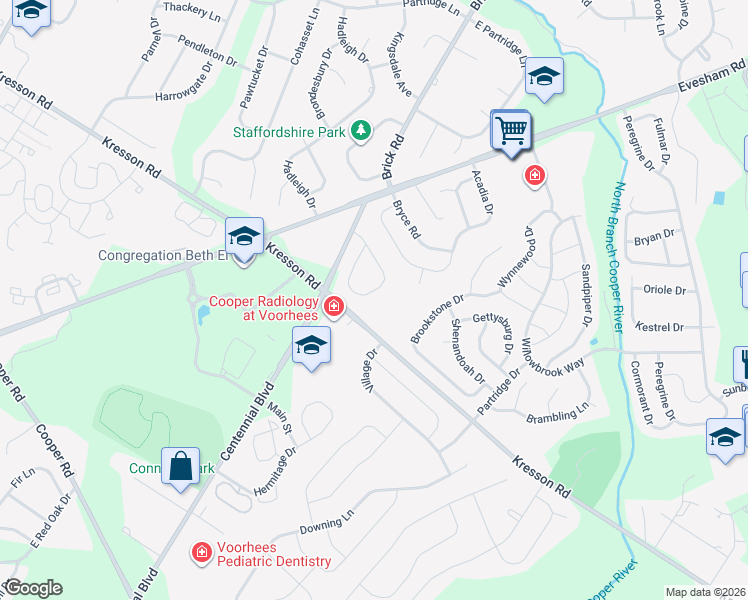 map of restaurants, bars, coffee shops, grocery stores, and more near 29 Progress Place in Voorhees Township