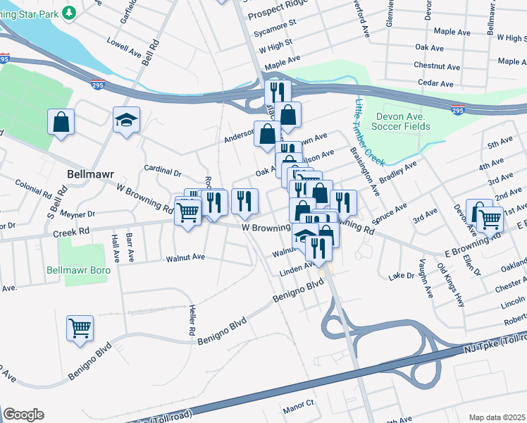 map of restaurants, bars, coffee shops, grocery stores, and more near 21 Summit Avenue in Bellmawr