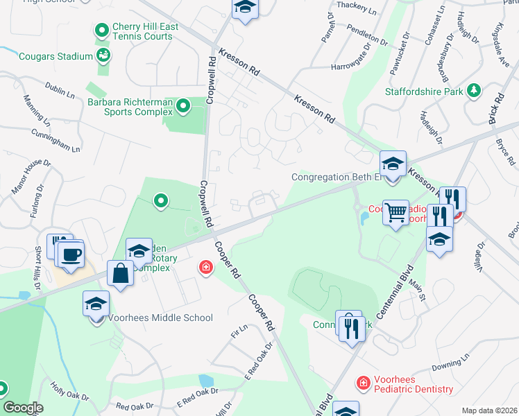 map of restaurants, bars, coffee shops, grocery stores, and more near 1953 The Woods II in Cherry Hill