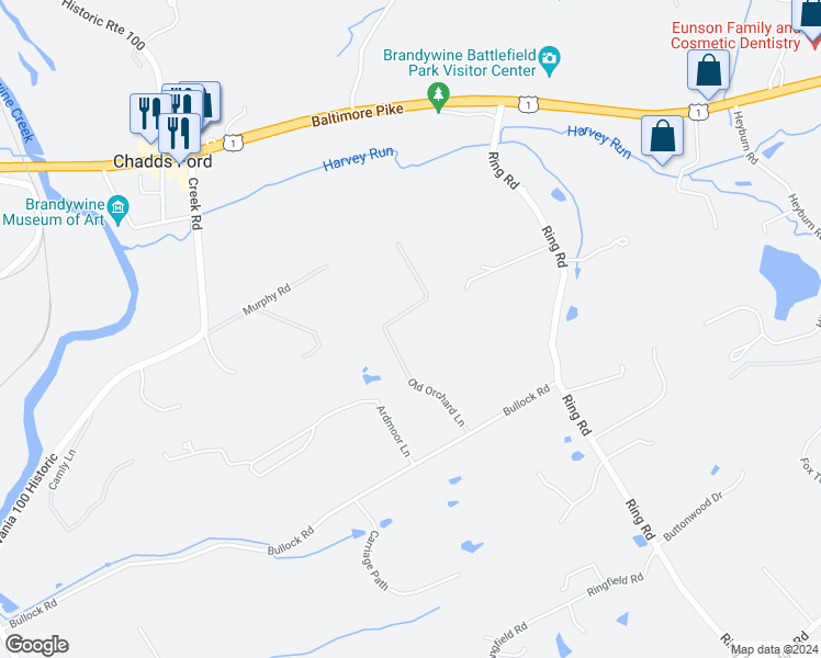 map of restaurants, bars, coffee shops, grocery stores, and more near 50 Old Orchard Lane in Chadds Ford
