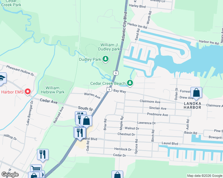 map of restaurants, bars, coffee shops, grocery stores, and more near 827 U.S. 9 in Lacey Township