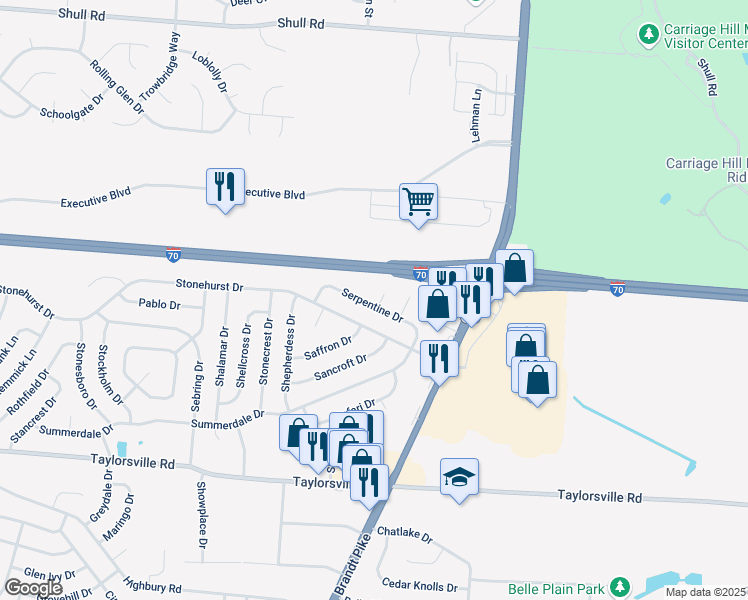 map of restaurants, bars, coffee shops, grocery stores, and more near 7801 Sekford Circle in Huber Heights