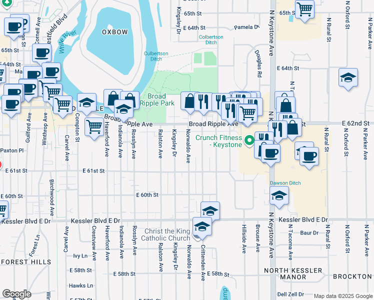 map of restaurants, bars, coffee shops, grocery stores, and more near 6150 Norwaldo Ave in Indianapolis
