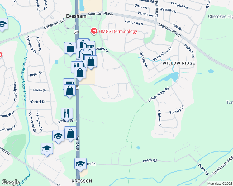 map of restaurants, bars, coffee shops, grocery stores, and more near 403 Hazelwood Lane in Evesham