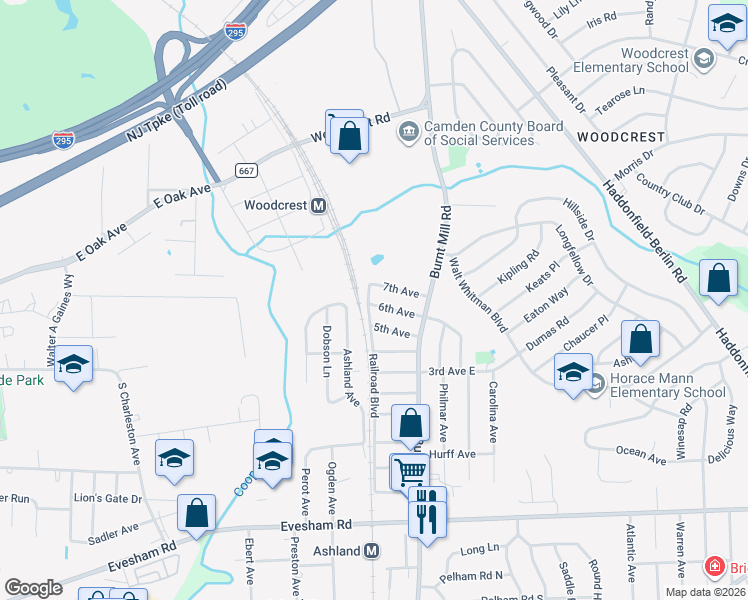 map of restaurants, bars, coffee shops, grocery stores, and more near 601 Railroad Boulevard in Cherry Hill