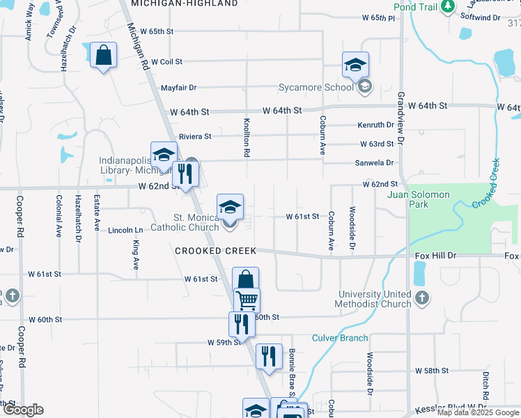 map of restaurants, bars, coffee shops, grocery stores, and more near 6109 Knollton Road in Indianapolis