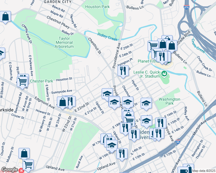 map of restaurants, bars, coffee shops, grocery stores, and more near 2206 Walnut Street in Chester