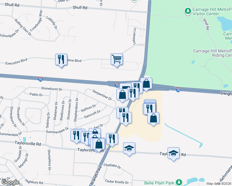 map of restaurants, bars, coffee shops, grocery stores, and more near 7860 Selwood Circle in Dayton